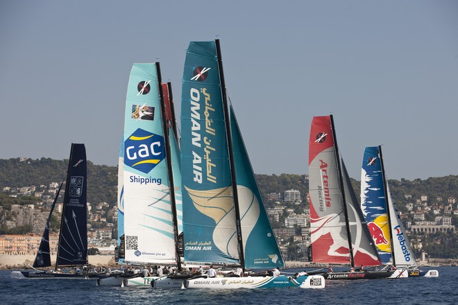 Fleet racing in the Bay of Angels in Nice, France Act 7 - Extreme Sailing Series 2011 &copy; Lloyd Images http://lloydimagesgallery.photoshelter.com/